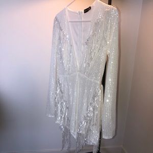 Premium Silver Sequin Tassel Plunge Romper